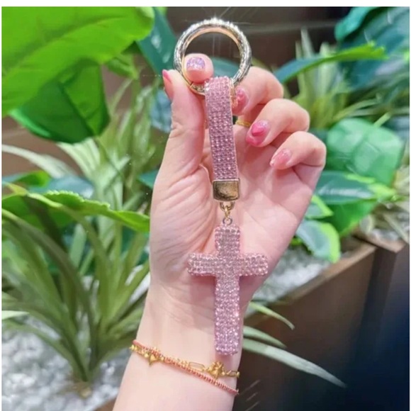 Pink Sparkly Rhinestone Cross Keychain - Picture 2 of 5